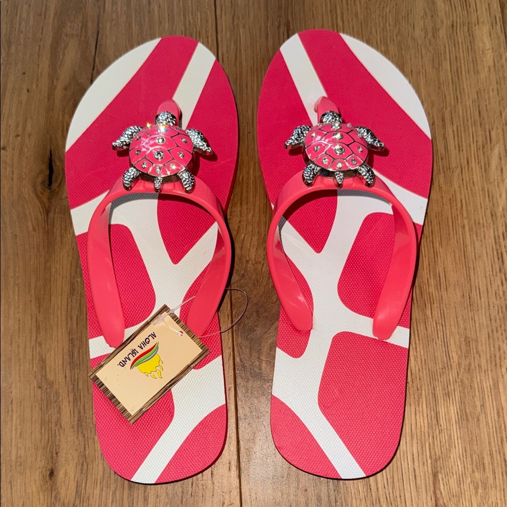 Aloha Island Pink and White Turtle Flip Flops